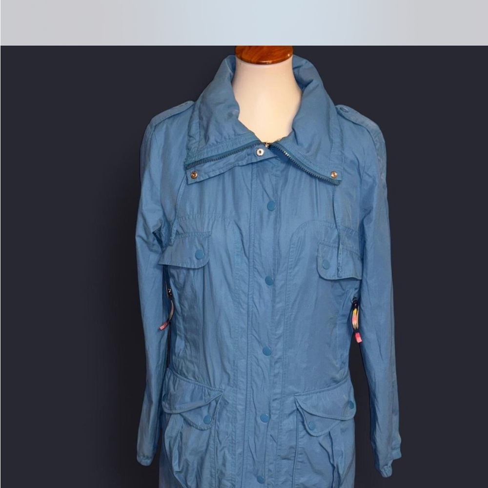 Vintage 80’s Blue Ladies Trench Rain Coat w/ Bicycle Embroidered on Back